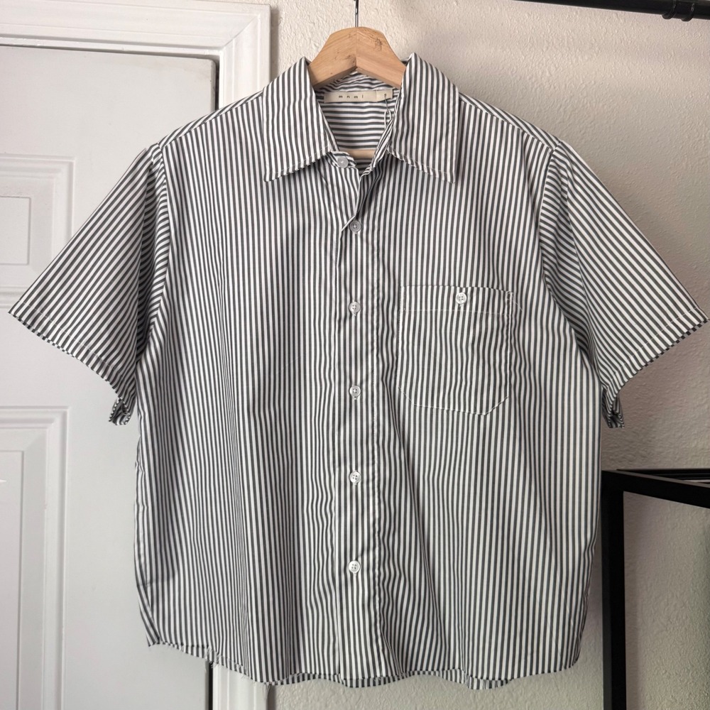 NWT MNML grey white striped poplin raw fray hem boxy cropped button up shirt